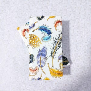 May include: Two white notebooks with a colorful feather pattern. The notebooks are stacked on top of each other.