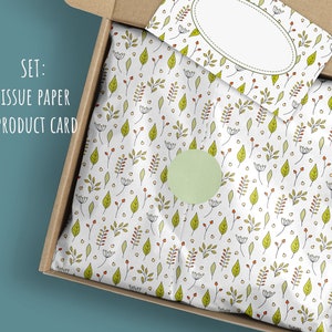 Design della carta velina e set di modelli di schede prodotto-Carta da imballaggio botanica-Carta da imballaggio stampabile per la cancelleria di piccole imprese-Branding