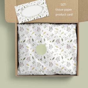 Design della carta velina e set di modelli di schede prodotto-Carta da imballaggio botanica-Carta da imballaggio stampabile per la cancelleria di piccole imprese-Branding