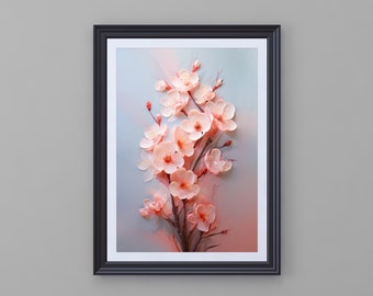 Pink Cherry Blossom Canvas Wall Art Painting-Textured Palette Knife Acrylic Digital Painting-Floral Poster for Home Wall Decor-Sakura Branch