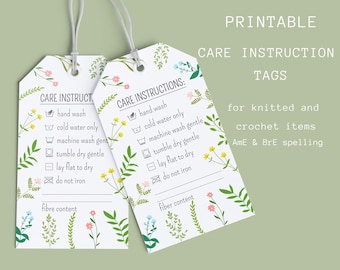 Printable care instruction tags for knitted and crochet items-Washing instructions cards for handmade business-Care labels for makers