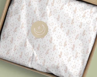 Boho Seidenpapier Design mit Mond und Sternen Muster-Druckbares florales himmlisches Seidenpapier-Kerzen Geschenkpapier für esoterische Geschäfte