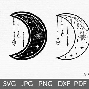 Mystical crescent moon svg-Floral moon with pearl strings svg-Celestial svg for astrology spiritual esoteric health-Moon logo-Commercial use