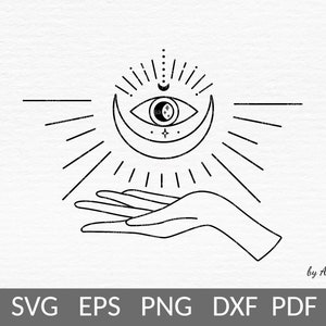 Witch hands svg-Crescent moon svg with all seeing eye-Magic boho moon-Fortune teller-Lunar witch aesthetic-Business logo template-Cricut