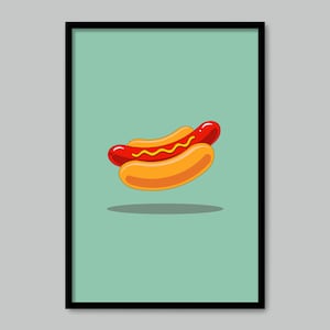 Vintage food poster with cartoon hot dog with mustard ketchup in bun New York style-Mid century food art-Retro American print-Christmas gift