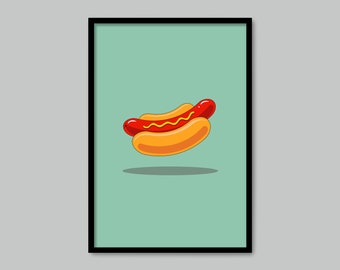 Vintage food poster with cartoon hot dog with mustard ketchup in bun New York style-Mid century food art-Retro American print-Christmas gift