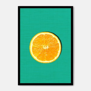 Retro fruit poster-Old fashioned poster in teal and orange-Retro food poster-Pop art Vintage fruit print with citrus slice on turquoise