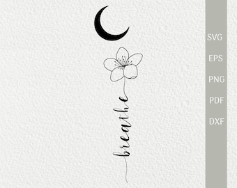 Könnte beinhalten: Schwarzweißes Line-Art-Design mit einer zunehmenden Mondsichel, einer stilisierten Blume und dem vertikal geschriebenen Wort "breathe".