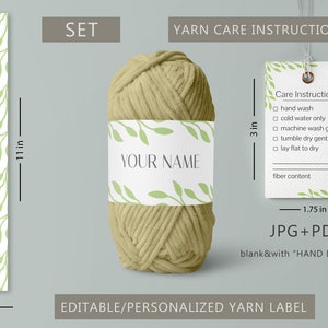 Yarn skein wrap labels and care instructions tag set for handmade items-Printable PDF fiber tags-Crochet knit garment clothing hang tag