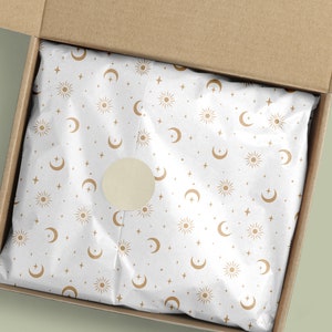 Design boho in carta velina con motivo sole, luna e stelle-Carta velina celeste stampabile-Carta da imballaggio per candele per affari esoterici
