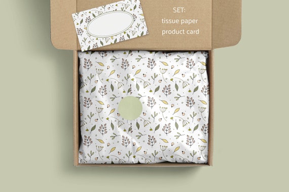 Tissue paper design and product card template set-Botanical wrapping paper-Printable packaging paper for small business-Branding stationery