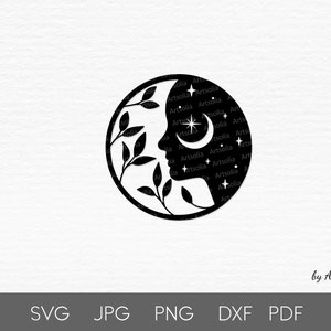 Celestial witch svg-Floral moon woman silhouette svg-Stars svg cut file for cricut-Esoterik Clipart für Shirt Tasse Sublimation-Kommerzielle Nutzung