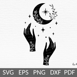 Hekshanden svg-Floral moon phase-Mystical nature woman yoga shirt-Astrologie spiritueel-Tarot esoterische logo svg voor cricut-Commercieel gebruik