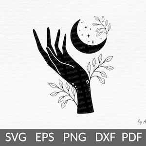 Witch hands svg-Crescent moon branch-Floral moon stars svg-Mystical magical woman-Spiritual logo-Celestial svg cricut file-Commercial use
