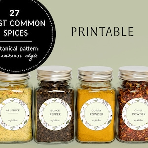 Printable spice jar labels with cute botanical pattern in retro cottage style-Elegant round seasoning labels-Kitchen organization supplies
