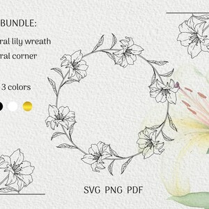 Floral lilies wreath and corner bundle svg-Decorative lily wreath svg-Set for card label making-Wedding frame template-Commercial use