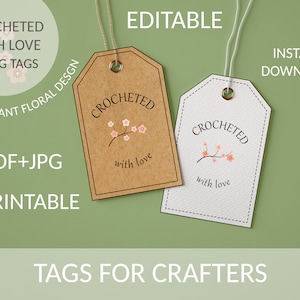 Crochet knitting hang tags for handmade items-Custom crocheted with love labels-Crafters tag with personalization-Printable downloadable tag