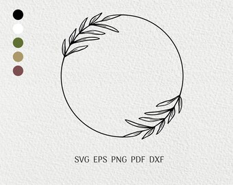 May include: A black and white line drawing of a wreath with leaves. The wreath is a circle with a simple design. The leaves are stylized and have a delicate look.