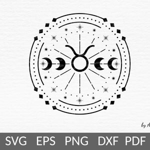 Taurus symbol svg-Astrology wheel svg-Sacred geometry aesthetic-Taurus horoscope sign moon phases stars download-Art print-Commercial use