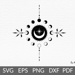 May include: Black and white illustration of a crescent moon with a star inside, surrounded by a circle of smaller moons in various phases. The design is framed by two stylized branches with leaves on either side and a vertical line of dots and diamonds above and below.