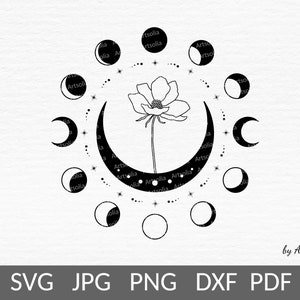 Moon phases svg-Floral moon svg-Celestial svg for yoga shirt accessories design-Esoteric Astrology svg for tarot cards-Commercial use