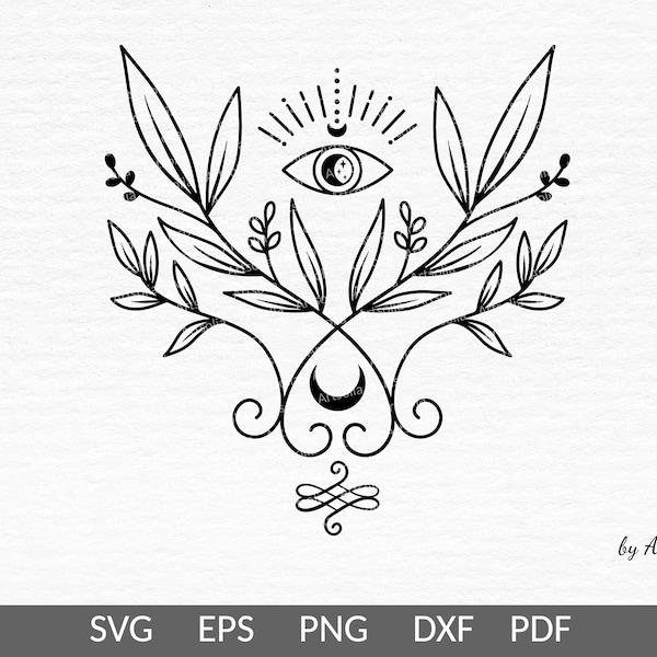 Evil eye svg-Pagan svg with floral ornament unalome-Wicca crescent moon-Vedic Astrology Sacred Esoteric logo-Yoga shirt print-Commercial use