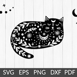 Gato celestial svg-Moon gato en estilo boho PNG-Mystical negro gato svg archivo para cricut, silueta cutting-Floral moon svg-Uso comercial-Kids