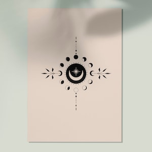 May include: A black and white illustration of a crescent moon with a star inside, surrounded by a circle of smaller moons in various phases. The design is centered on a light pink background.
