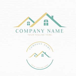 May include: A teal and gold logo design featuring two stylized houses with windows and a chimney. The text "COMPANY NAME" and "YOUR TAGLINE HERE" is below the houses.