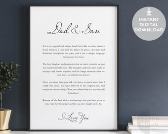 Puede incluir: Una descarga digital imprimible de una cita en blanco y negro sobre el vínculo especial entre un padre y un hijo. La cita dice "Papá & Hijo" e incluye el texto "Es un vínculo muy especial y único que no se parece a ningún otro, el que existe entre un hijo y su padre. Crece, se desarrolla y florece a lo largo de los años, y tiene un lenguaje único que nadie más escucha."