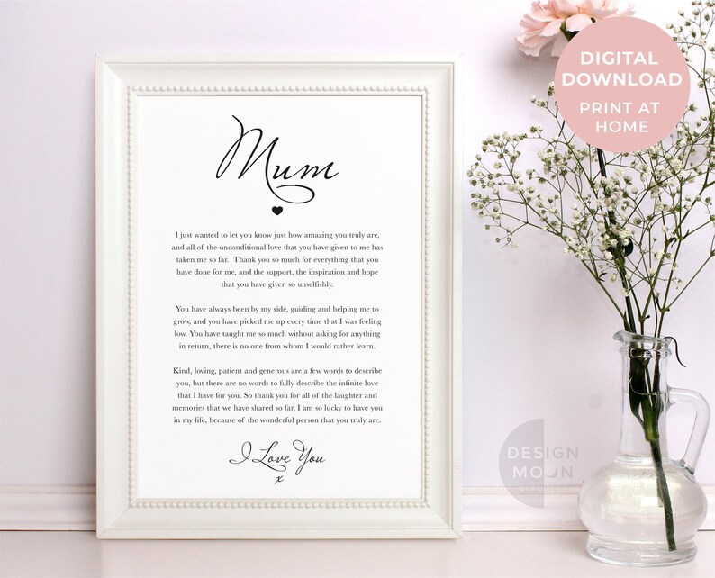 Mum Poem Digital Printable Gift Mothers Day Gift Mum Birthday Gift Gift