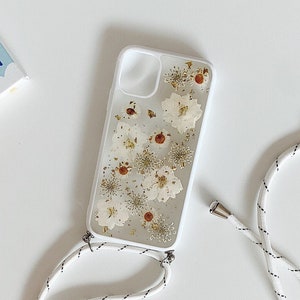 Étui pour téléphone avec collier cordon de vraies fleurs pressées séchées pour iPhone 16e 16 15 14 13 Pro Max, Samsung S25 Edge S22 S23 S24 S25 Ultra