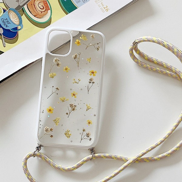 Étui pour téléphone fait main avec fleurs pressées séchées, étui pour téléphone avec collier | iPhone 14 Pro Max, iPhone 13 Pro Max, iPhone 12 Pro Max