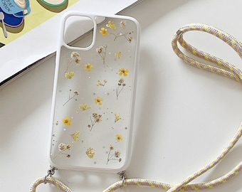 Étui pour téléphone fait main avec fleurs pressées séchées, étui pour téléphone avec collier | iPhone 14 Pro Max, iPhone 13 Pro Max, iPhone 12 Pro Max