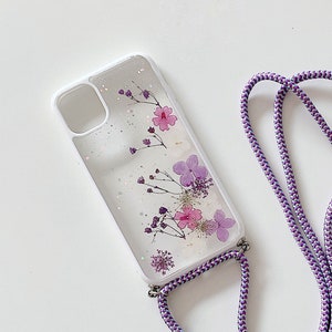 Étui pour téléphone avec collier cordon de vraies fleurs pressées séchées pour iPhone 16e 16 15 14 13 Pro Max, Samsung S25 Edge S22 S23 S24 S25 Ultra