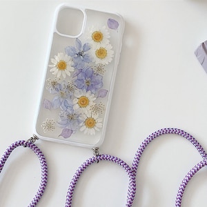 Étui pour téléphone avec collier cordon de vraies fleurs pressées séchées pour iPhone 16e 16 15 14 13 Pro Max, Samsung S25 Edge S22 S23 S24 S25 Ultra