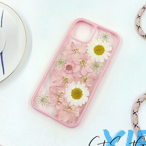 Pressed real flower pink phone case with lanyard for iPhone 17 16 15 14 13 Pro Max,16e, 12 13 mimi, Samsung S25 Edge S23 S24 S25 Ultra
