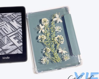 Pressed white Alyssum kindle dried flower case, Kindle Paperwhite 11th 10th Gen 6.8'' Kindle 2022 2019 6'' Protective Case Oasis 3 7'' Case