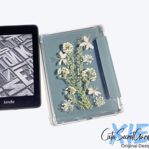 Pressed white Alyssum kindle dried flower case, Kindle Paperwhite 11th 10th Gen 6.8'' Kindle 2022 2019 6'' Protective Case Oasis 3 7'' Case