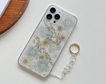 Real light blue flower phone case for iPhone 17 16 15 14 Pro Max 16e 17e Air, Samsung S26 S25 S24 FE Ultra A36 A56, Google Pixel 10 9 Pro