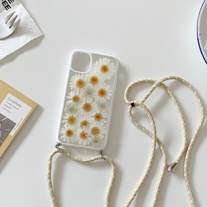Pressed white daisy flower lanyard phone case for iPhone 17 16 15 14 13 Pro Max,16e, 12 13 mimi, Samsung S25 Edge S22 S23 S24 S25 Ultra