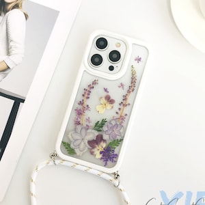 Étui pour téléphone avec collier cordon de vraies fleurs pressées séchées pour iPhone 16e 16 15 14 13 Pro Max, Samsung S25 Edge S22 S23 S24 S25 Ultra