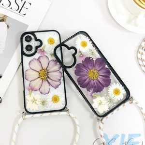 Étui pour téléphone à cadre blanc pressé avec de vraies fleurs violettes avec chaîne réglable pour iPhone 16e 16 15Pro Max, Samsung S25 Edge A23 S24 S25Ultra