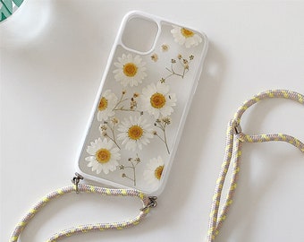 Handmade real dried pressed flower phone case with chain cord necklace, natural floral | iPhone 14 Pro Max,iPhone13 Pro,iPhone 15 Pro Max