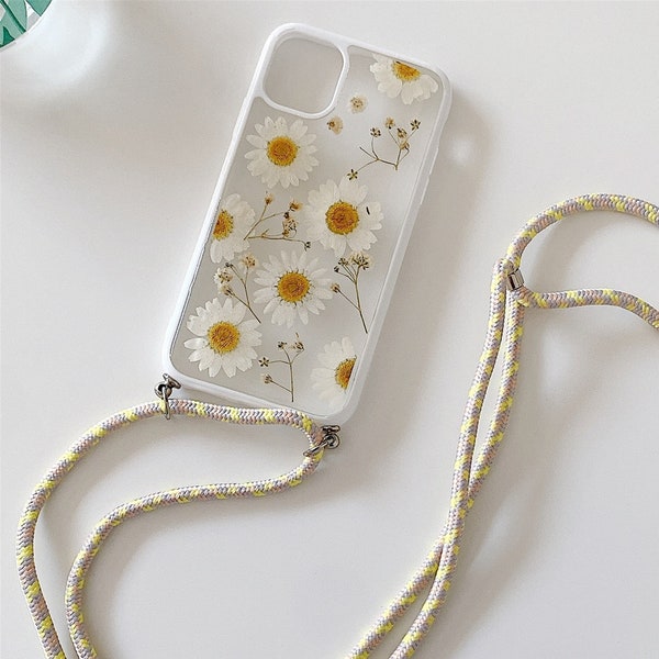 Handmade real dried pressed flower phone case with chain cord necklace, natural floral | iPhone 14 Pro Max,iPhone13 Pro,iPhone 15 Pro Max