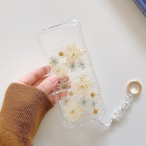 Dried real white flower phone case for iPhone 17 16 15 14 13 Pro Max 16e, Samsung S25 Edge S24 S25 Ultra A36 A56, Google Pixel 10 Pro