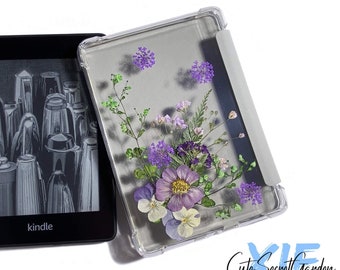 Étui pour Kindle de fleurs séchées violettes pressées, Kindle Paperwhite 11th10th Gen 6.8 '' Kindle 2022 2019 6 '' Étui de protection, Oasis 3 7 '' 2019