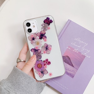 Pressed purple flower phone case for iPhone 17 16 15 14 13 Pro Max 16e, Samsung S25 Edge S24 S25 Ultra A36 A56, Google Pixel 10 Pro 9a