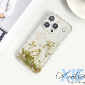 クリスタルと本物の花のスマホケース（iPhone 17 16 15 14 13 Pro Max 16e、Samsung S25 Edge S24 S25 Ultra A36 A56、Google Pixel 10 Pro用）