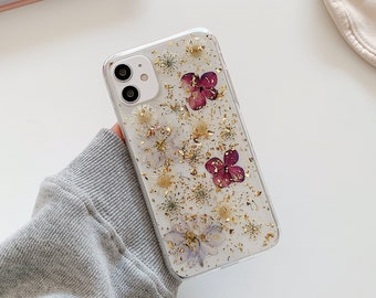 Real pressed flower phone case with gold foil for iPhone 17 16 15 14 Pro Max 16e 17e Air, Samsung S26 S25 S24 Ultra A36, Google Pixel 10 Pro